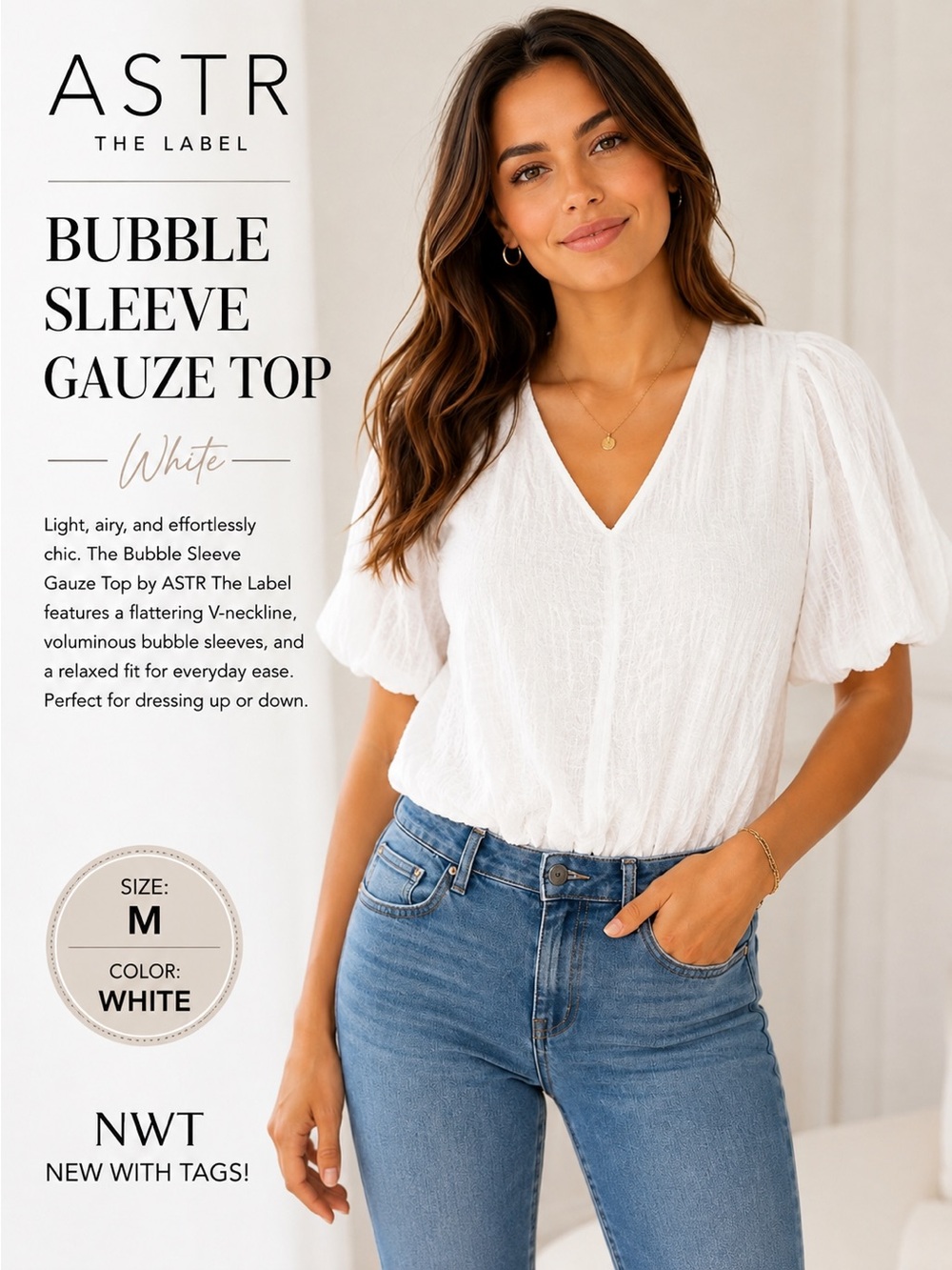 ASTR The Label Bubble Sleeve Gauze Top White NWT Medium